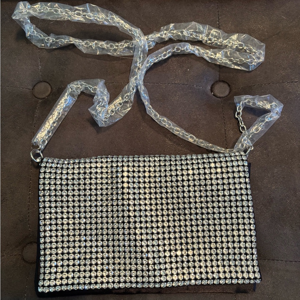 Crystal-Embellished Black Evening Crossbody Bag